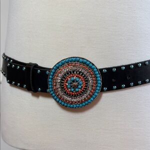 Black Leather Belt with Turquoise & Coral Beaded Medallion - Women